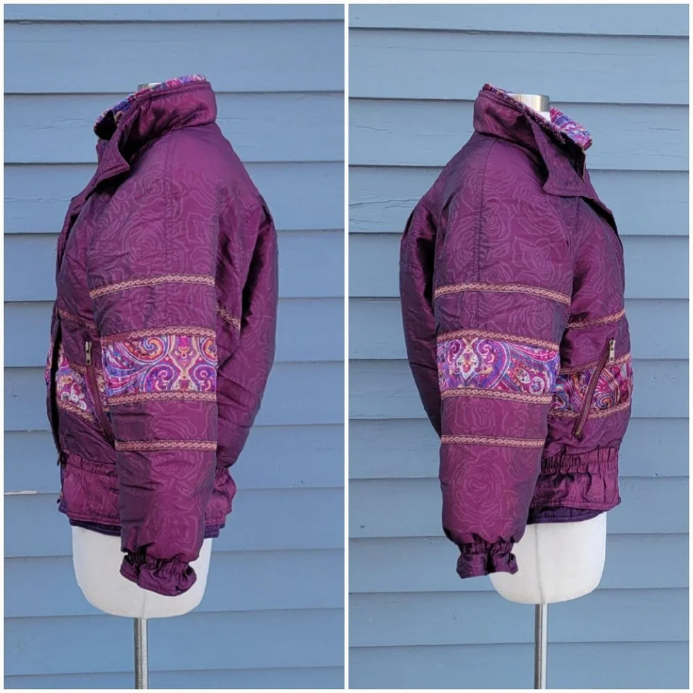 Vintage 80s Giacca Young Gallery Puffer Ski Jacket Purple Paisley‎ Brocade 14